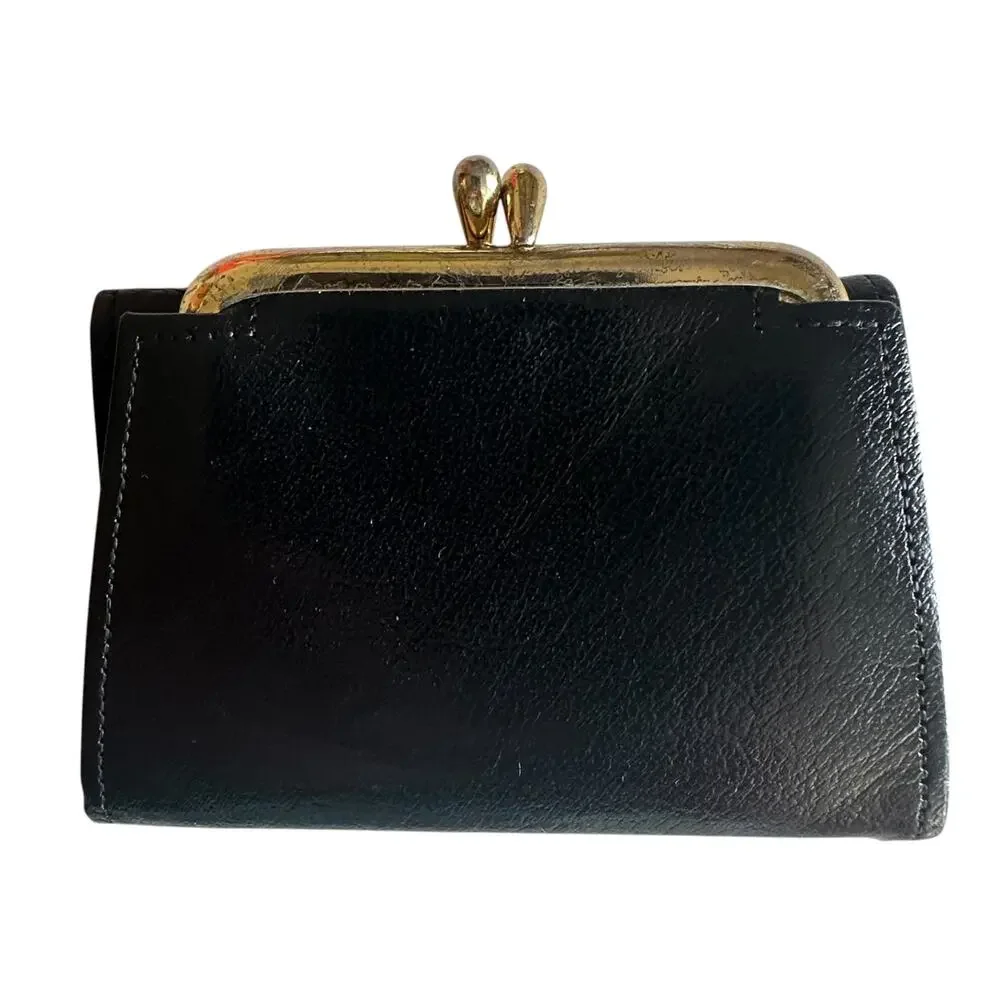 Gardner Princess Vintage Black Leather Wallet Kisslock Coin Trifold Cowhide